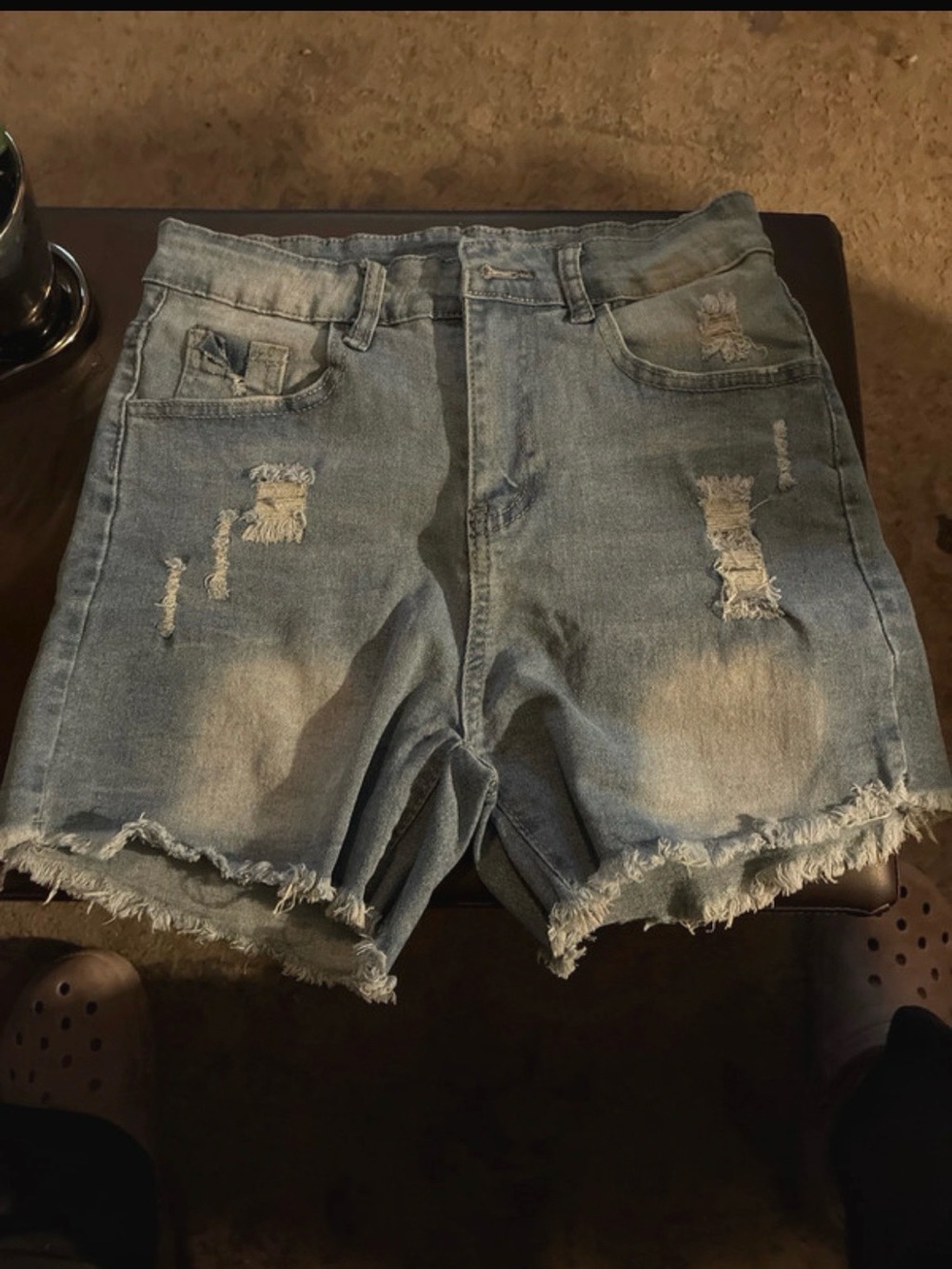 Light Wash Distressed Denim Shorts with Frayed Hem